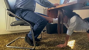 trainee deep throats the bosses sausage for her career under the desk in the office and swallows his jism - business-bitch