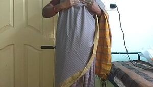 desi  indian tamil telugu kannada malayalam hindi horny cheating wife vanitha wearing grey colour saree  flashing phat orbs and clean-shaven labia press rigid orbs press nip rubbin' labia onanism